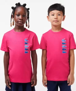 Lacoste Mädchenkleidung>T-Shirt Aus Baumwolle Mit Aufdruck Fuschia Rosa Sqi