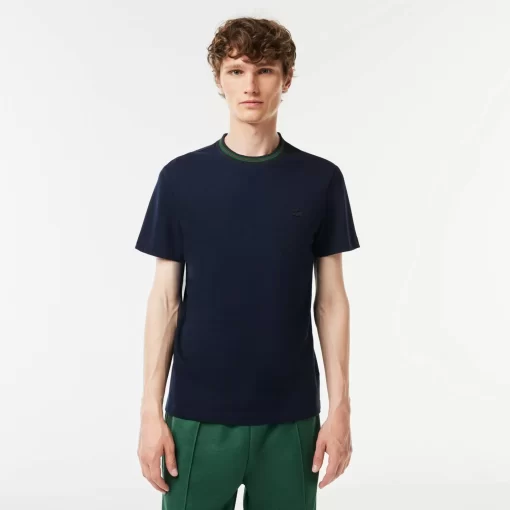 Lacoste T-Shirts>T-Shirt Aus Stretch-Pique Mit Gestreiftem Kragen Navy Blau 166