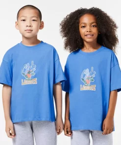 Lacoste Mädchenkleidung>T-Shirt Mit Maskottchen-Aufdruck Blau Siy