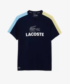 Lacoste Tennis>Ultra-Dry Printed Colour-Block Tennis T-Shirt Navy Blau / Blau / Gelb Ish