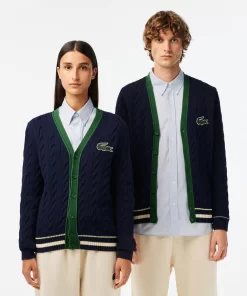 Lacoste Pullover>Unisex Cardigan Im Zopfmuster Aus Bio-Baumwolle Mit V-Ausschnitt Navy Blau / Weis Qrn