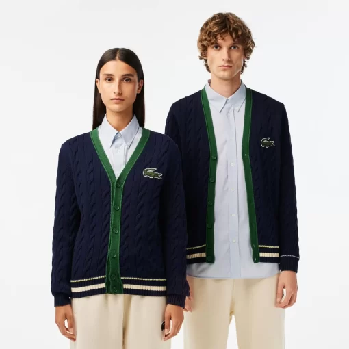 Lacoste Pullover>Unisex Cardigan Im Zopfmuster Aus Bio-Baumwolle Mit V-Ausschnitt Navy Blau / Weis Qrn