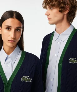 Lacoste Pullover>Unisex Cardigan Im Zopfmuster Aus Bio-Baumwolle Mit V-Ausschnitt Navy Blau / Weis Qrn