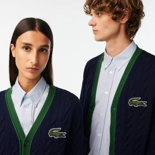 Lacoste Pullover>Unisex Cardigan Im Zopfmuster Aus Bio-Baumwolle Mit V-Ausschnitt Navy Blau / Weis Qrn