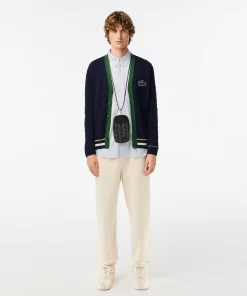 Lacoste Pullover>Unisex Cardigan Im Zopfmuster Aus Bio-Baumwolle Mit V-Ausschnitt Navy Blau / Weis Qrn