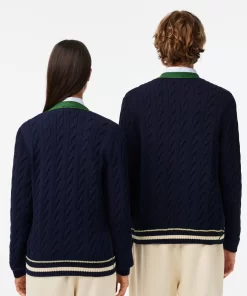 Lacoste Pullover>Unisex Cardigan Im Zopfmuster Aus Bio-Baumwolle Mit V-Ausschnitt Navy Blau / Weis Qrn