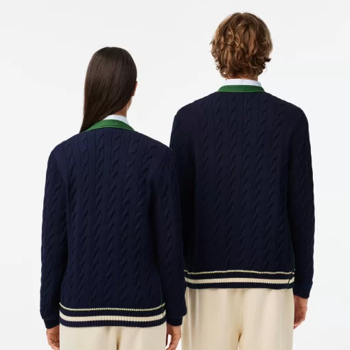 Lacoste Pullover>Unisex Cardigan Im Zopfmuster Aus Bio-Baumwolle Mit V-Ausschnitt Navy Blau / Weis Qrn