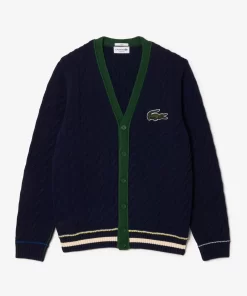 Lacoste Pullover>Unisex Cardigan Im Zopfmuster Aus Bio-Baumwolle Mit V-Ausschnitt Navy Blau / Weis Qrn