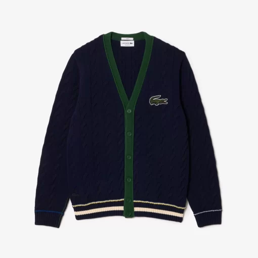 Lacoste Pullover>Unisex Cardigan Im Zopfmuster Aus Bio-Baumwolle Mit V-Ausschnitt Navy Blau / Weis Qrn