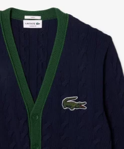 Lacoste Pullover>Unisex Cardigan Im Zopfmuster Aus Bio-Baumwolle Mit V-Ausschnitt Navy Blau / Weis Qrn