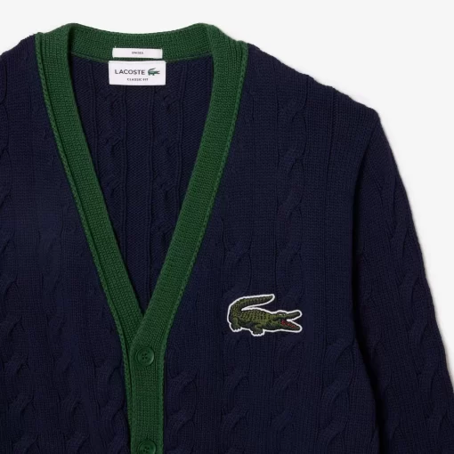 Lacoste Pullover>Unisex Cardigan Im Zopfmuster Aus Bio-Baumwolle Mit V-Ausschnitt Navy Blau / Weis Qrn