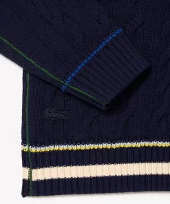 Lacoste Pullover>Unisex Cardigan Im Zopfmuster Aus Bio-Baumwolle Mit V-Ausschnitt Navy Blau / Weis Qrn