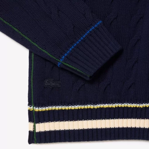 Lacoste Pullover>Unisex Cardigan Im Zopfmuster Aus Bio-Baumwolle Mit V-Ausschnitt Navy Blau / Weis Qrn