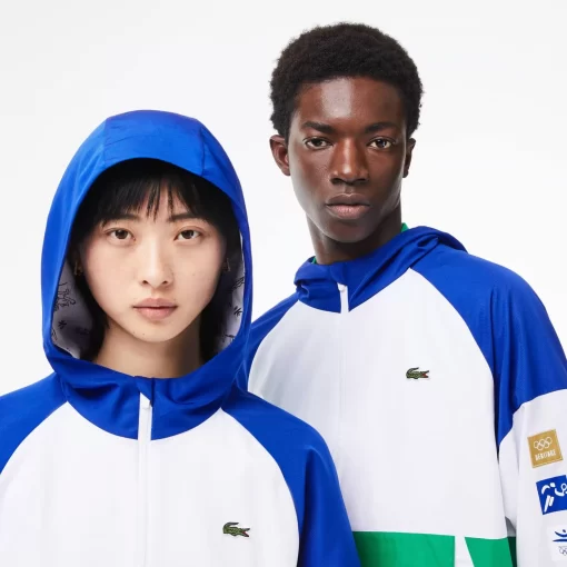 Lacoste Sportbekleidung>Unisex Sport Windjacke Zum Uberziehen Mit Olympia-Logo Blau / Weis / Grun Ti6