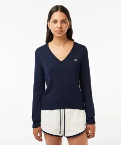 Lacoste Pullover>V-Ausschnitt-Pullover Aus Zweiseitiger Baumwolle Navy Blau 166