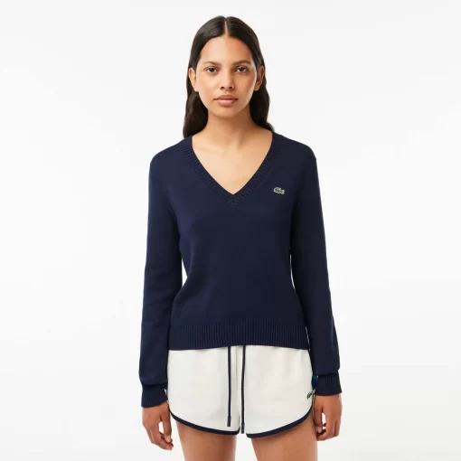 Lacoste Pullover>V-Ausschnitt-Pullover Aus Zweiseitiger Baumwolle Navy Blau 166