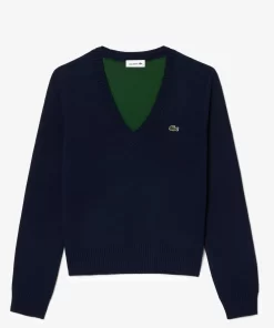 Lacoste Pullover>V-Ausschnitt-Pullover Aus Zweiseitiger Baumwolle Navy Blau 166