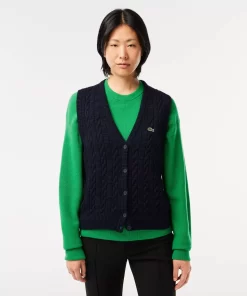 Lacoste Pullover>Weste Im Zopfmuster Aus Baumwoll-Woll-Mischung Navy Blau L6L