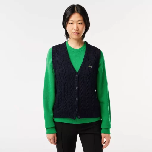 Lacoste Pullover>Weste Im Zopfmuster Aus Baumwoll-Woll-Mischung Navy Blau L6L