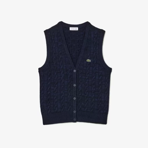 Lacoste Pullover>Weste Im Zopfmuster Aus Baumwoll-Woll-Mischung Navy Blau L6L