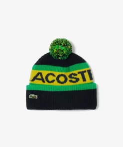 Lacoste Mutzen>Woll-Beanie Mit Logo Und Pompon Schwarz / Gelb / Grun / Navy Blau Kiw