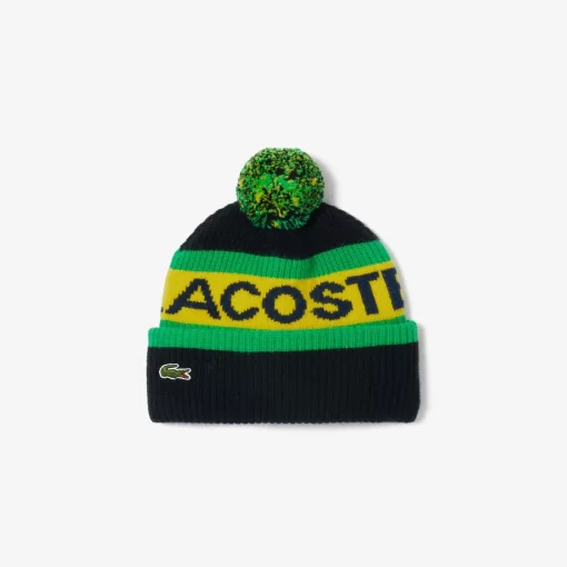 Lacoste Mutzen>Woll-Beanie Mit Logo Und Pompon Schwarz / Gelb / Grun / Navy Blau Kiw