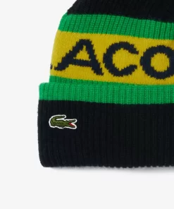 Lacoste Mutzen>Woll-Beanie Mit Logo Und Pompon Schwarz / Gelb / Grun / Navy Blau Kiw