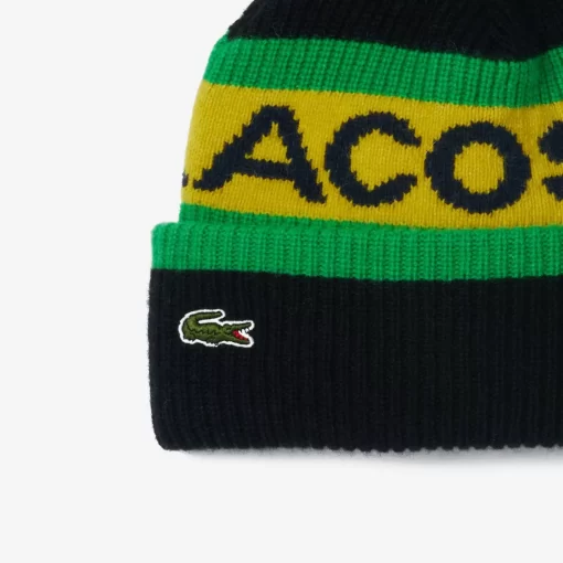 Lacoste Mutzen>Woll-Beanie Mit Logo Und Pompon Schwarz / Gelb / Grun / Navy Blau Kiw