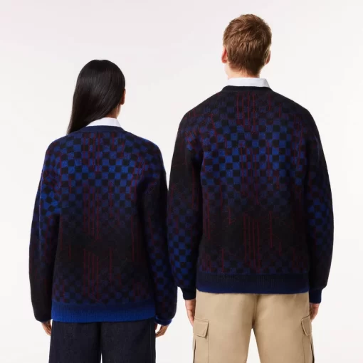 Lacoste Pullover>Woll-Cardigan Aus Alpaka Und Wolle Mit Monogramm-Motiv Blau / Schwarz / Burgunder Nin