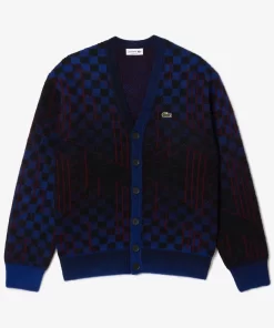 Lacoste Pullover>Woll-Cardigan Aus Alpaka Und Wolle Mit Monogramm-Motiv Blau / Schwarz / Burgunder Nin