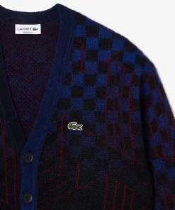 Lacoste Pullover>Woll-Cardigan Aus Alpaka Und Wolle Mit Monogramm-Motiv Blau / Schwarz / Burgunder Nin