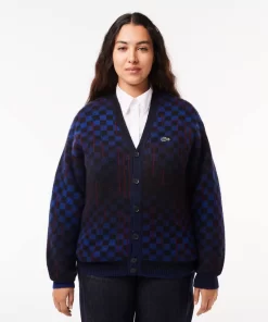 Lacoste Pullover>Woll-Cardigan Aus Alpaka Und Wolle Mit Monogramm-Motiv Blau / Schwarz / Burgunder Nin