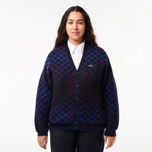 Lacoste Pullover>Woll-Cardigan Aus Alpaka Und Wolle Mit Monogramm-Motiv Blau / Schwarz / Burgunder Nin