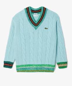 Lacoste Pullover>Wollpullover Mit Kontrast-V-Ausschnitt Hellblau / Weis Piw