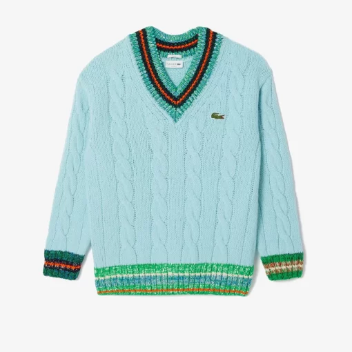 Lacoste Pullover>Wollpullover Mit Kontrast-V-Ausschnitt Hellblau / Weis Piw