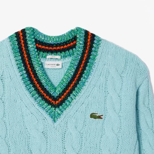 Lacoste Pullover>Wollpullover Mit Kontrast-V-Ausschnitt Hellblau / Weis Piw